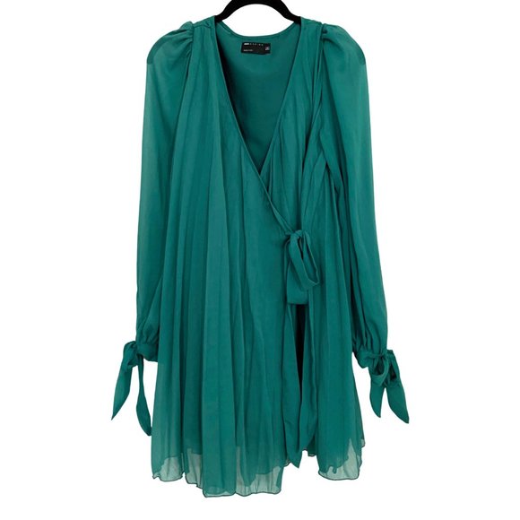 ASOS Dresses & Skirts - ASOS Long Sleeve Semi Sheer Pleated Wrap Dress w/ Tie Wrist Cuffs